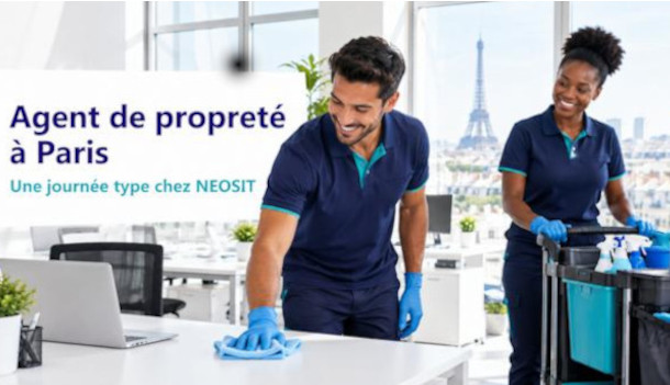 Agents de propreté NEOSIT au travail dans des bureaux à Paris